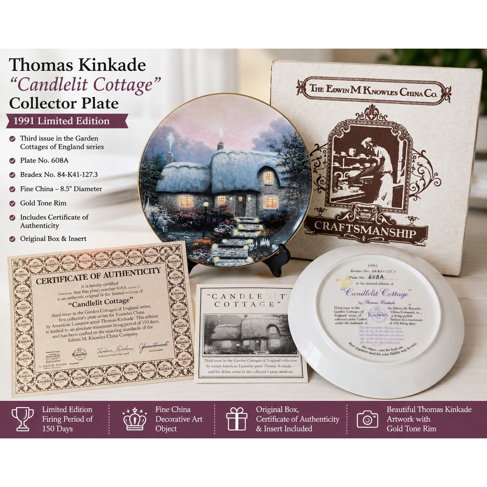 Thomas Kinkade Candlelit Cottage 1991 Knowles Collector Plate 608A COA Box
